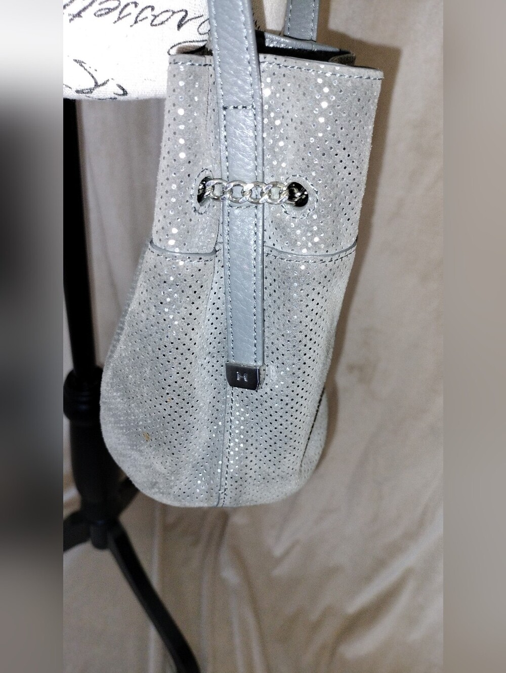 NWOT! Halston Heritage Metallic Gray Leather/Suede Crossbody Mini Bucket Bag - Picture 5 of 11